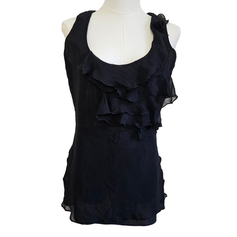 Black Halo Womens Black Ruffle Top Shimmery Sheer Mesh Whimsigoth Fairy Grunge